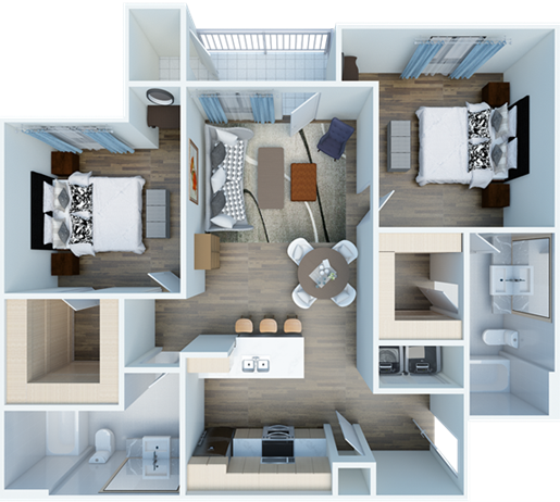a 3d rendering of a two bedroom apartment at The Panr Hollow